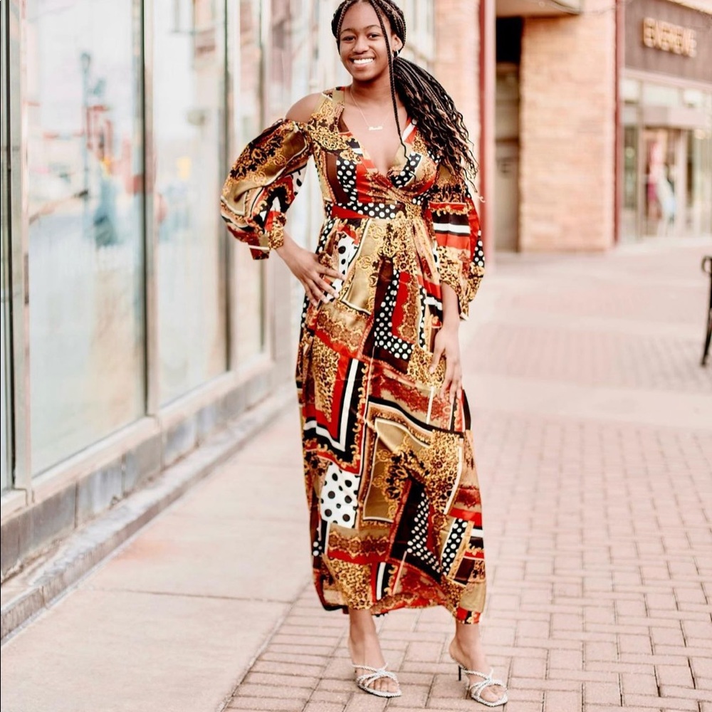 Print brown off shoulder maxi dress
